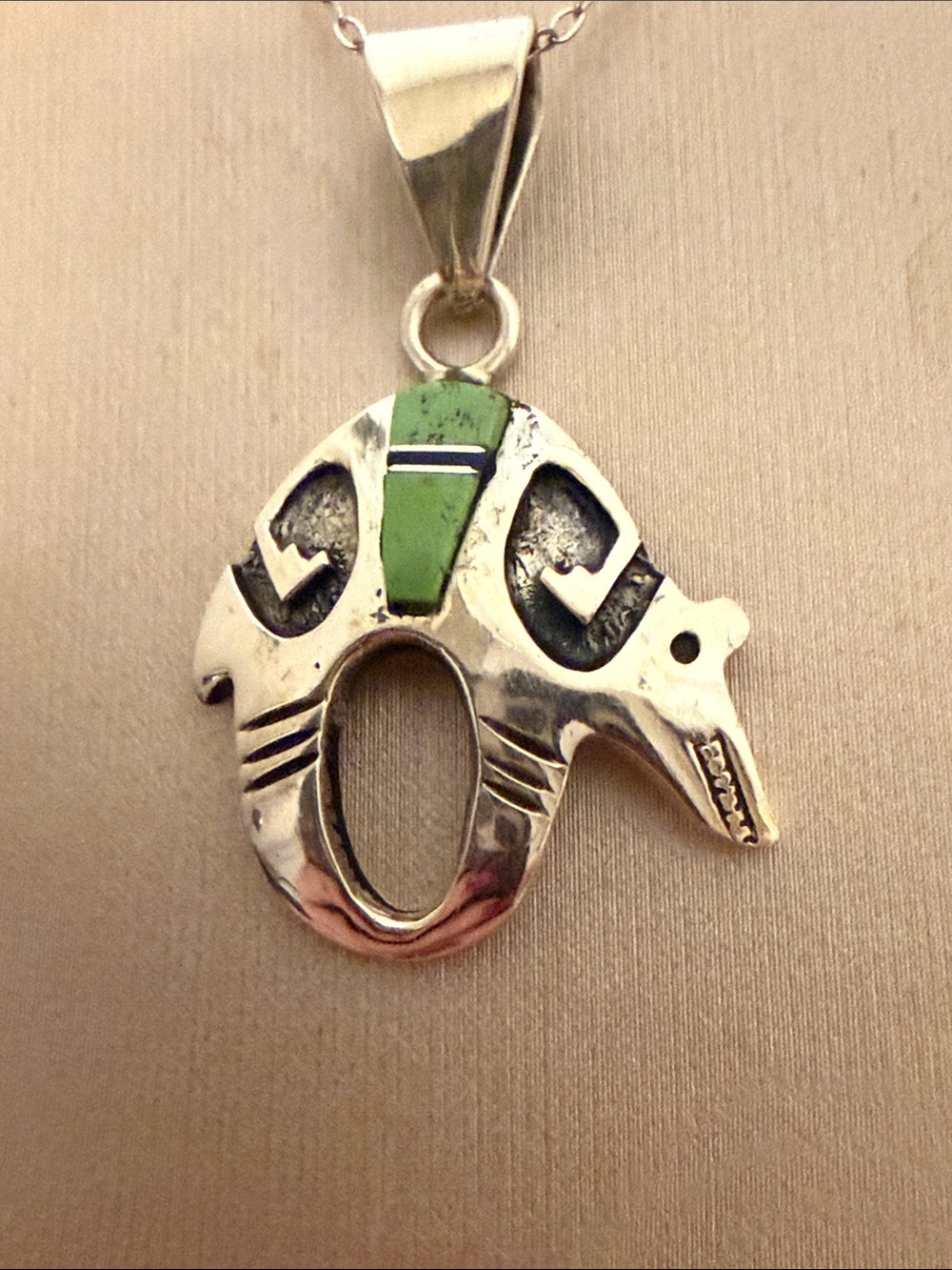 JOE EBY PENDANT STERLING SILVER BEAR GREEN TURQUOISE NAVAJO STYLE ON CHAIN 21”